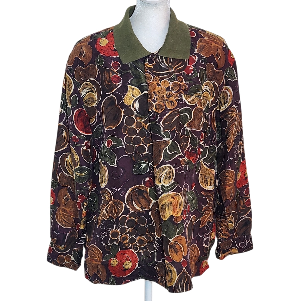 Kriss Kross Vintage Green and Purple Fruit Print Silk Blouse Size Medium